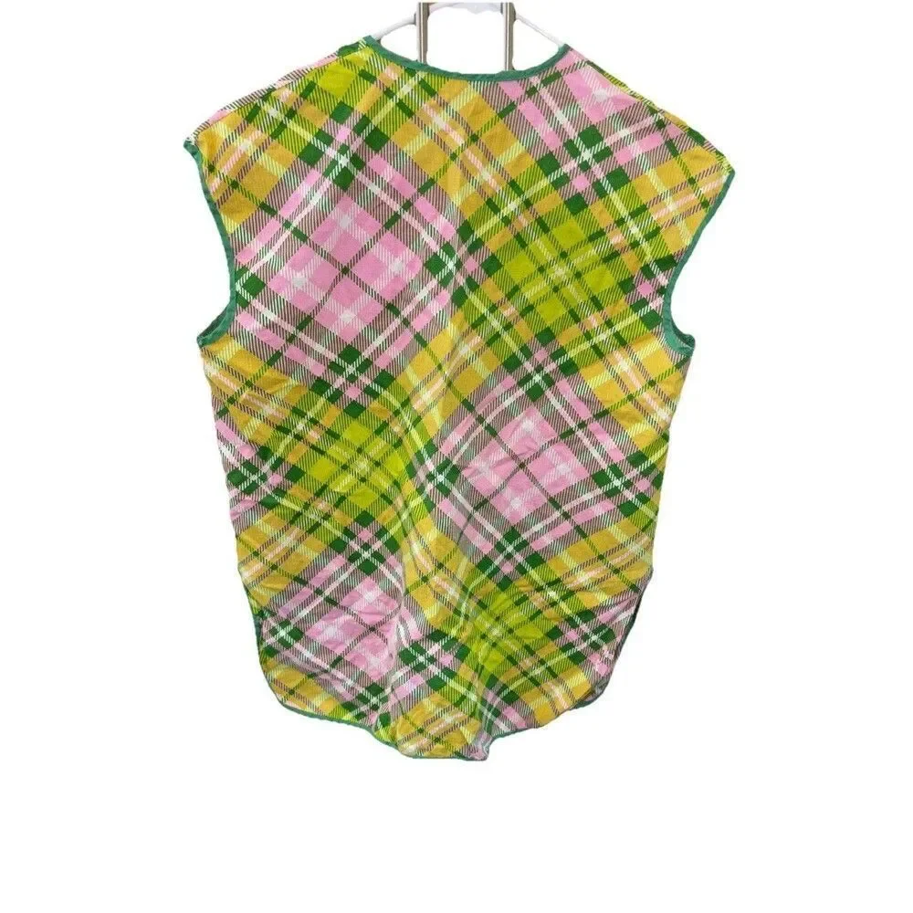 Vintage Apron Shirt 60's 70's Plaid Print Smock Top Snap Front Pockets S 20x28” - Picture 7 of 7